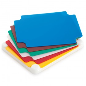 Set de 6 planches de découpe colorées en PEHD sur socle aidant à respecter les normes HACCP.