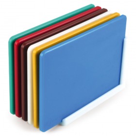6 planches de différentes couleurs (bleu, jaune, vert, rouge, marron, blanc) sur leur socle.