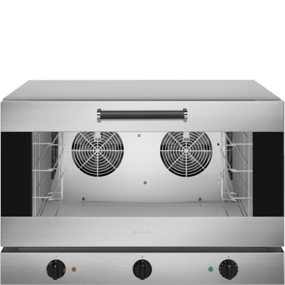 Four mixte vapeur SMEG 4 plaques 600x400 mm ou GN1/1, porte abattante, minuterie de 1 min à 60 min, thermostat de 50 à 270°C.