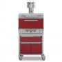 Four à braise Premium 50 couverts avec soubassement sur roues, tiroir chaud et rangements, finition rouge.