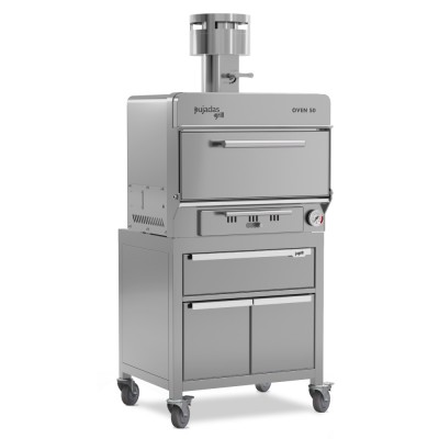 Four à braise Premium 50 couverts avec soubassement sur roues, tiroir chaud et rangements, finition acier inoxydable.