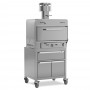 Four à braise Premium 50 couverts avec soubassement sur roues, tiroir chaud et rangements, finition acier inoxydable.