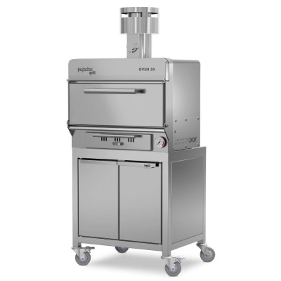 Four à braise Classic 50 couverts avec soubassement à grand rangement fermé sur 4 roues dont 2 à frein, finition acier inox.
