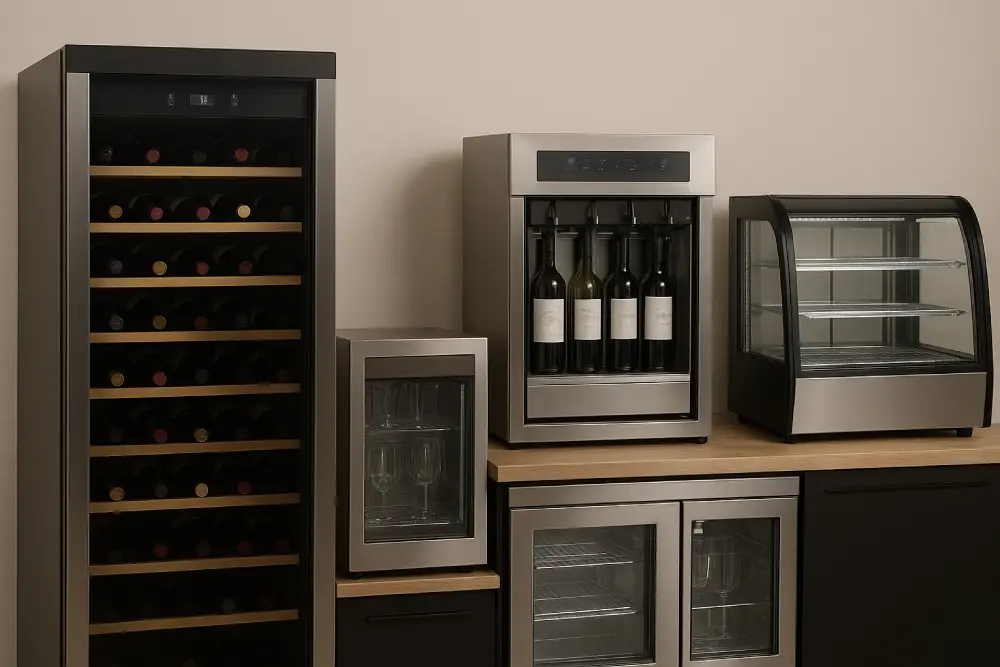 Maison Patay, fournisseur en appareils professionnels de caves à vin : différents choix de vitrines à vin (plusieurs designs et formats) et de distributeurs de vin.